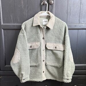 Zara Green Sherpa Jacket with Corduroy accents